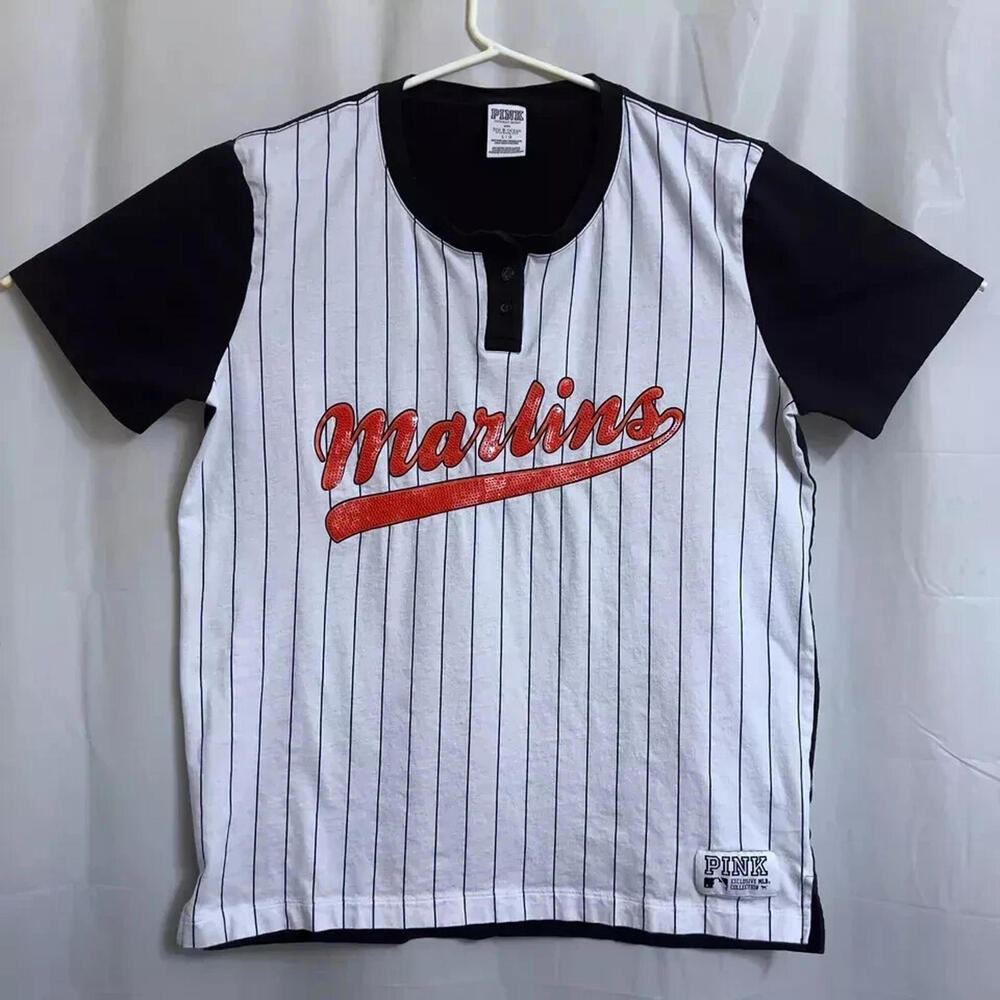 MLB x Pink Victoria's Secret Miami Marlins Pinstripe T-Shirt Women's Large L